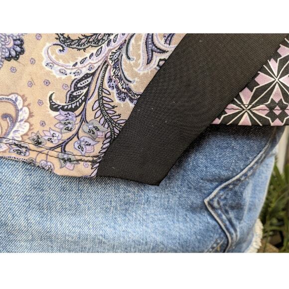 Roz & Ali Top Blouse Petite Small Purple Paisley Black Colorblock Stretch Boho - Picture 8 of 9